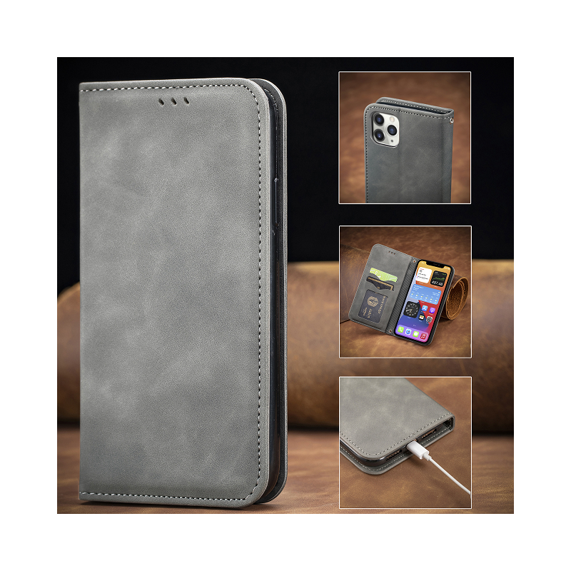Leather Case Book Apple iPhone X Gray, Action