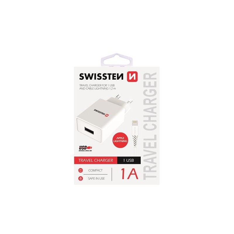 SWISSTEN NETWORK ADAPTER SMART IC, CE 1x USB 1 A POWER WHITE + SWISSTEN USB / L DATA CABLE