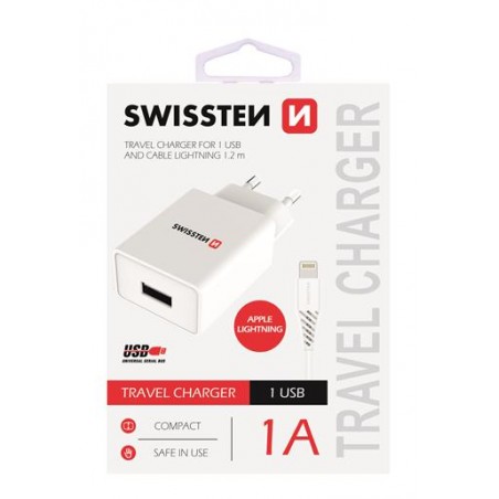 Swissten dobíjací adaptér SMART IC, CE 1x USB 1 A POWER biely + dátový kábel USB / Lightning