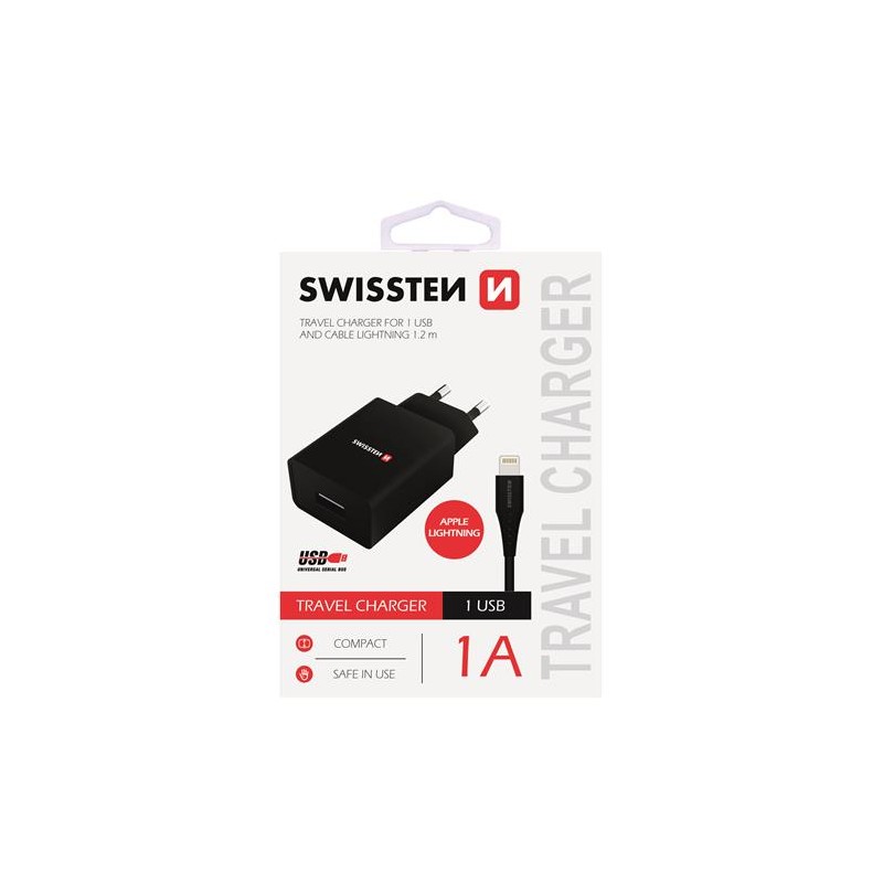 Swissten dobíjací adaptér SMART IC,CE 1x USB 1 A ČIERNY+DÁTOVÝ KÁBELSWISSTEN USB/ Lightning